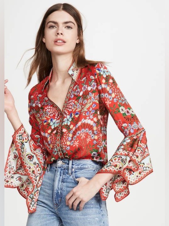 Alice + Olivia Tops - Alice + Olivia Red Floral Bell-Sleeve Blouse